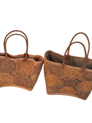 Conjunto de Bolsas de Palha Africana com alça de Couro
