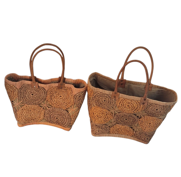Conjunto de Bolsas de Palha Africana com alça de Couro